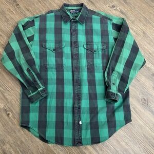 Vtg 90's Polo Ralph Lauren Faded Green Black Checkered Plaid Button Shirt XLARGE